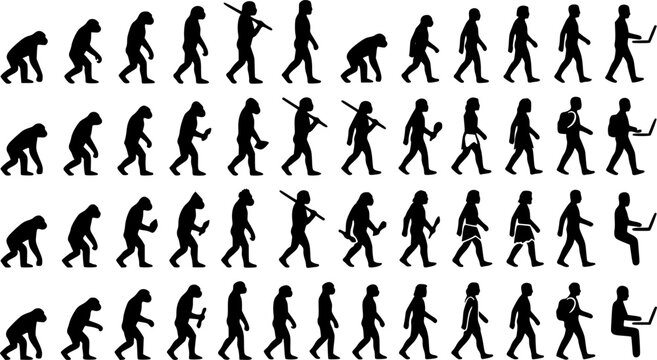 Evolution of man from ape to human using a laptop in black and white illustration showing progress