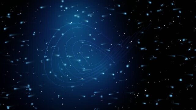 Abstract infinity symbol glowing in deep space with moving particle trails