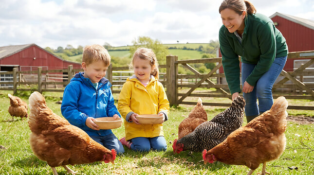 Young children and woman feeding chickens on a sunny rural farm