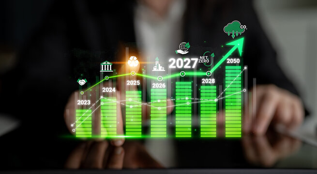 Innovative graph illustrating yearly progress towards net zero targets with future projections for 2027 and 2050 and symbols of sustainability and progress in business concepts Sigmoid