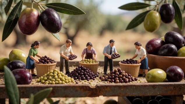 Group miniature figurines people working olive orchard there men women standing wooden table baskets olives ot