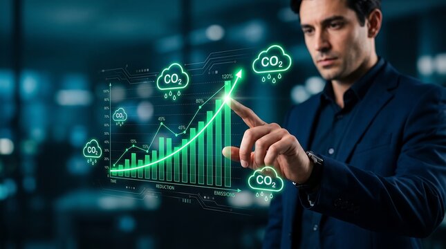 Businessman analyzing carbon dioxide emissions data with a rising graph and futuristic interface overlay