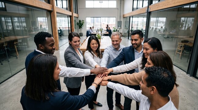 Diverse business team joins hands in office celebrating unity and success vector illustration