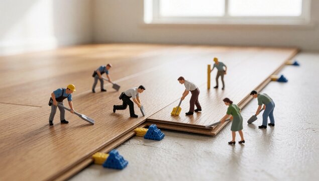 Group miniature people working wooden floor there all wearing hard hats overalls using various tools such hamm