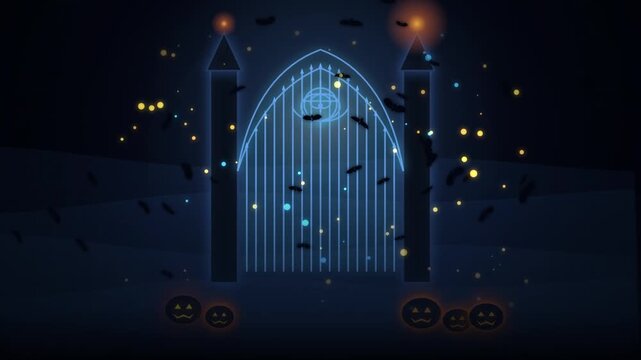 Glowing blue magic gate with flying bats and floating lights in a dark mysterious night scene for halloween 4k Motion Video