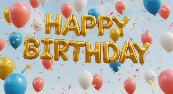 Golden 'HAPPY BIRTHDAY' foil balloons with colorful red, blue, white, and yellow balloons against a light blue sky. Confetti falls throughout, creating a festive atmosphere for celebrations.