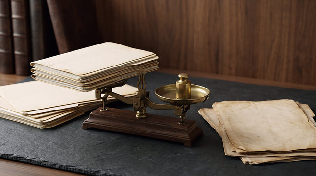 Vintage balance scale weighing stacked note paper on slate desk surface with weighing