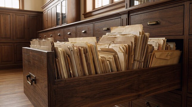 Wooden filing cabinet drawer pulled open with organized old paper documents