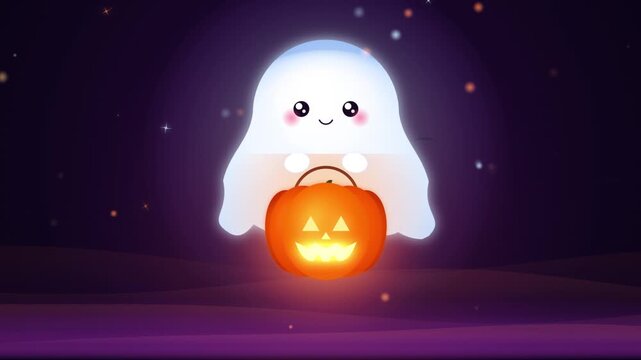 Cute little ghost character holding a glowing orange pumpkin lantern for a happy halloween celebration in a magical night background with stars and purple misty ground 4k Motion Video