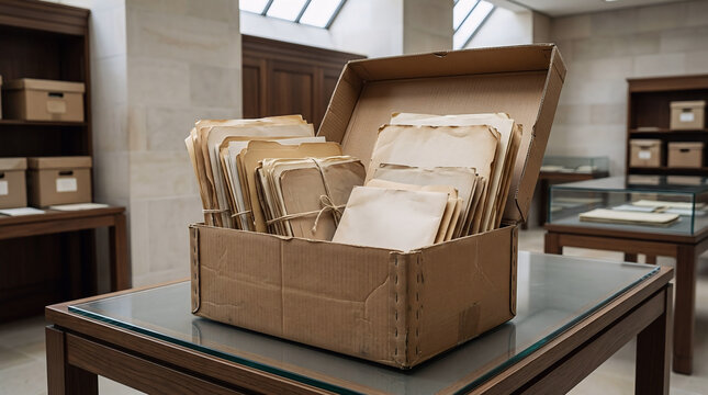 Cardboard box of paper records open on a display table in a research library with document