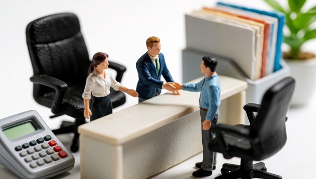 Miniature figurines people office setting left side there black chair calculator person woman wearing white bl