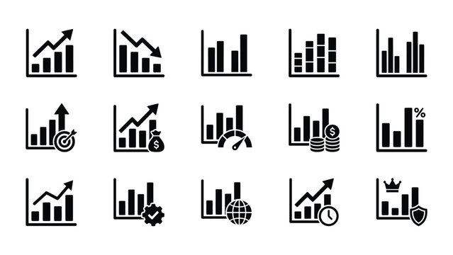 Set of fifteen black and white business bar chart icons representing financial growth and data analysis statistics