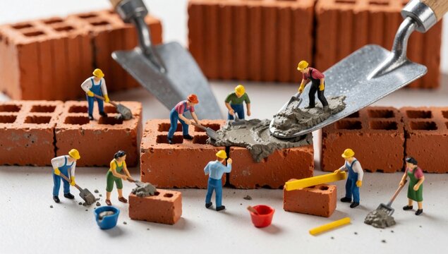 Group miniature construction workers working brick wall there several bricks scattered which red brown wearing