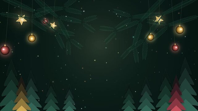 Christmas background with golden stars and colorful hanging baubles on pine tree branches in a winter forest with pine trees below and falling snow effect in dark green 4k Motion Video