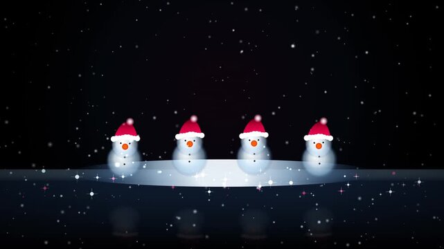 Four cute little snowmen wearing red santa hats standing on a dark blue glowing surface with falling snow sparkles in a festive winter night background for christmas holiday 4k Motion Video