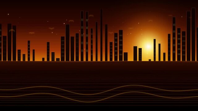 City skyline silhouette at sunset with abstract glowing lines on a dark orange background 4k Motion Video