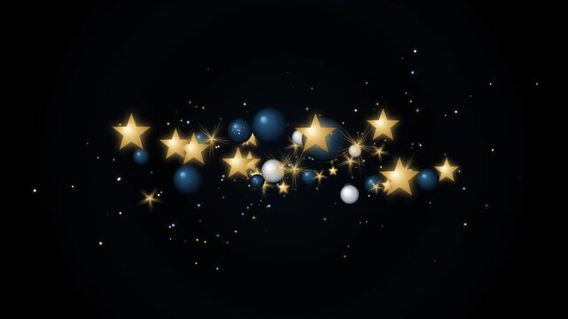 Golden stars and blue christmas balls floating on a dark night background with glowing particles and shiny festive decorations for holiday design and greeting cards 4k Motion Video