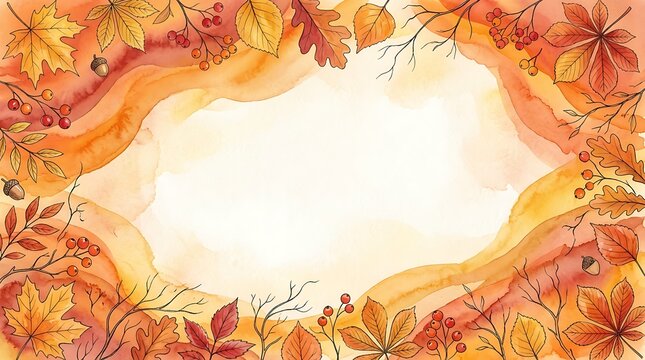 Autumn background with watercolor leaves and berries, fall season frame with copy space for text, decorative seasonal border with foliage and branches