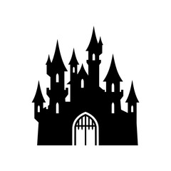 Fototapeta premium Black Silhouette of a Fairytale Castle with Turrets and Portcullis Gate