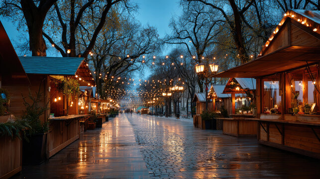 St. Martin's day fair with glowing wooden stalls and string lights over wet cobblestones reflecting warm illumination, creating a cozy, traditional autumn evening scene