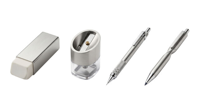 Set of minimalist silver office stationery including eraser sharpener and metallic pens white background with office supplies white background