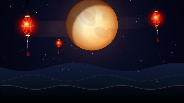 Bright red chinese lanterns hanging under a large full moon in a starry night sky with wavy hills landscape for traditional mid autumn festival celebration background 4k Motion Video
