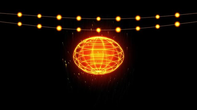 Glowing orange disco ball wireframe sphere with hanging festive string lights against a dark black background for party celebration and night club event design 4k Motion Video