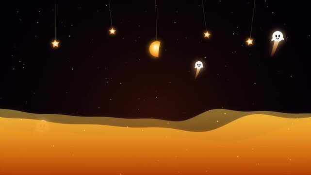 Cute white ghosts floating over a desert landscape with glowing stars and moon in a dark night sky 4k Motion Video