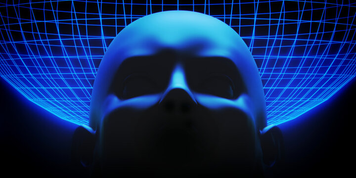 scifi cyberpunk robot cyborg humanoid with global grid system of network and technology