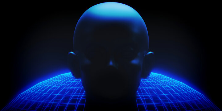 scifi cyberpunk robot cyborg humanoid with global grid system of network and technology