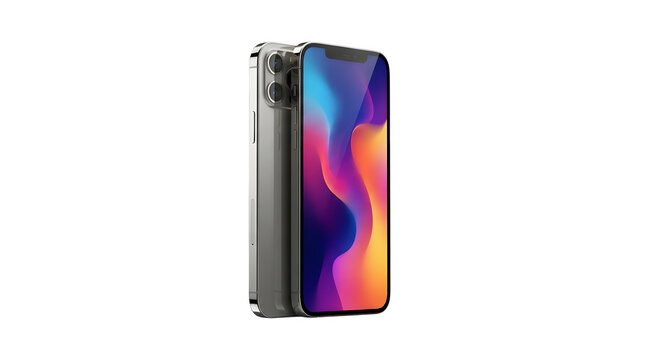 Modern smartphone with a colorful abstract screen design, highend mobile device with triple camera system, isolated on transparent background