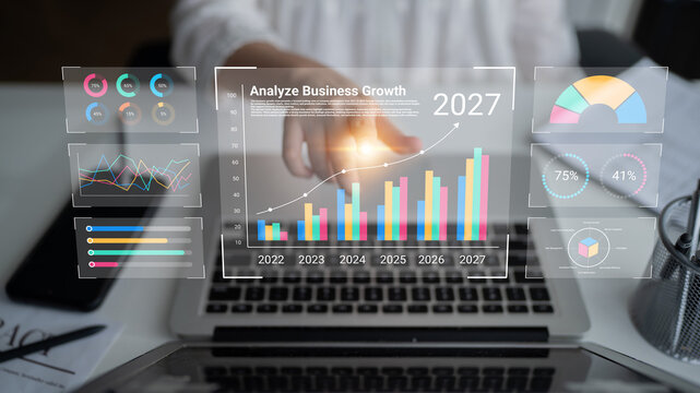 Interactive visualization of business growth analysis showcasing future projections with detailed charts and graphs for effective decision-making in a modern workspace. Cyphers