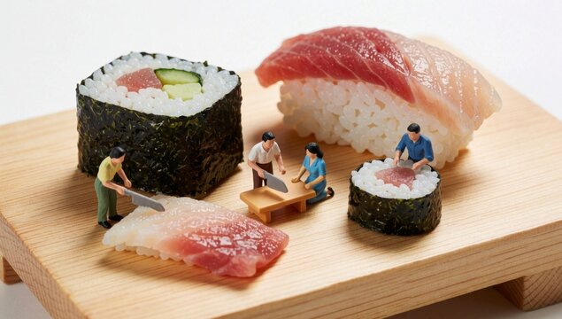 Wooden cutting board pieces sushi left side there large piece white rice green seaweed next smaller raw tuna p