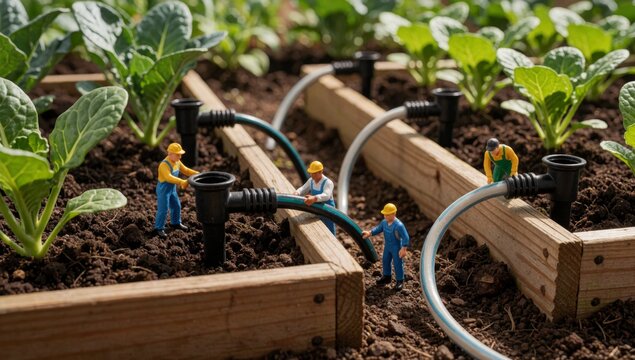 Group miniature garden workers working raised bed made wooden planks filled soil there several rows plants eac