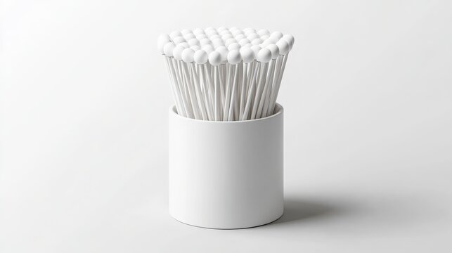 Cotton swabs stand arranged inside a minimalist white cylindrical container on a clean bright background for daily hygiene routines.