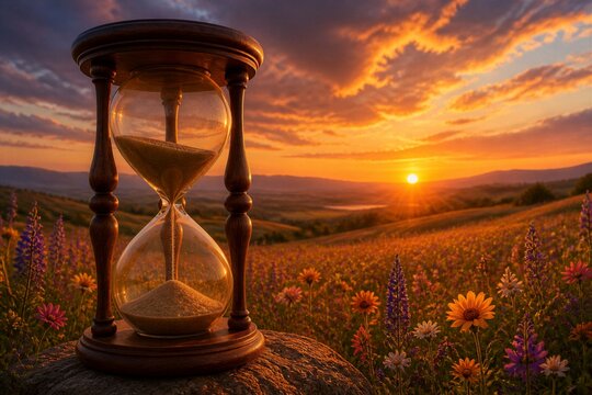 Golden hour bathes a meadow in warm light. An hourglass rests on mossy stone, grains slipping quietly. Wildflowers dance in golden breeze across sunlit hills. Sunset beams glow behind distant