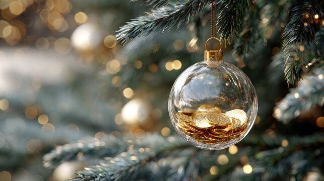 Christmas bauble hanging on a fir branch filled with gold ingots and coins, symbolizing holiday wealth, savings, investment goals and prosperous new year 2027 with copy space