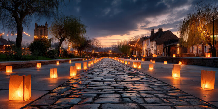 St. Martin's day path illuminating a charming village street at twilight, with glowing lanterns guiding the way towards the ancient church tower in the distance
