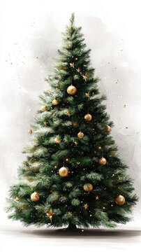Decorated christmas tree highlighting holiday spirit and festive celebration with elegant ornaments and glittering lights, positioned against a snowy background offering generous vertical copy space