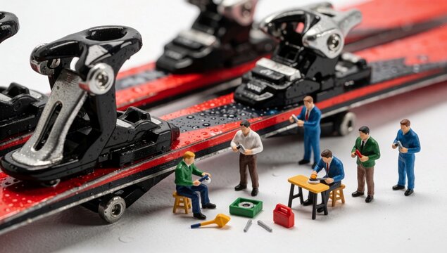 Miniature model train set white surface red black color has sets skis tracks left side there ski lift pair att