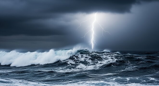 Dramatic seascape with powerful ocean waves crashing during a severe storm. A bright lightning bolt strikes through dark clouds above turbulent waters, capturing nature's raw power and intensity.