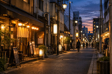 Fototapeta premium Quiet Japanese Restaurant Street at Dusk with Warm Izakaya Lights