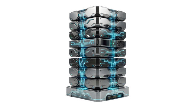 Futuristic hightech server tower with glowing blue circuit board patterns isolated on transparent background