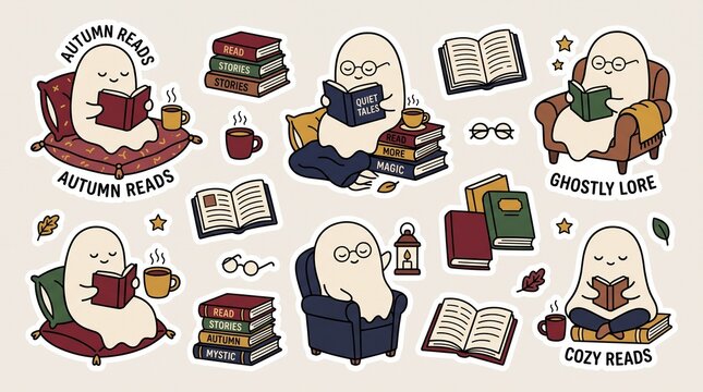 Cozy autumn ghost reading books vector sticker set with fall aesthetic, warm drinks, and literary elements