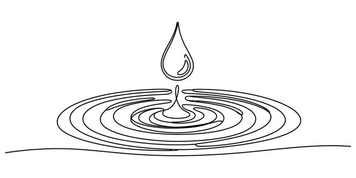 Continuous single line drawing of a water drop falling into a liquid surface creating ripple circles isolated on a white background Vector, illustration