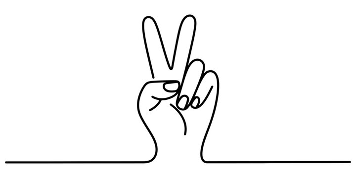 Continuous single line drawing of a hand showing a peace sign gesture isolated on white background Vector, illustration