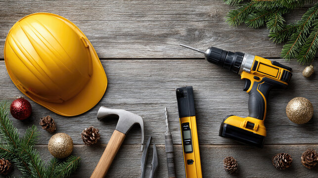 Construction tools and building equipment like a yellow hard hat. Cordless drill. Hammer. And level lying on a rustic wooden table with festive christmas decorations