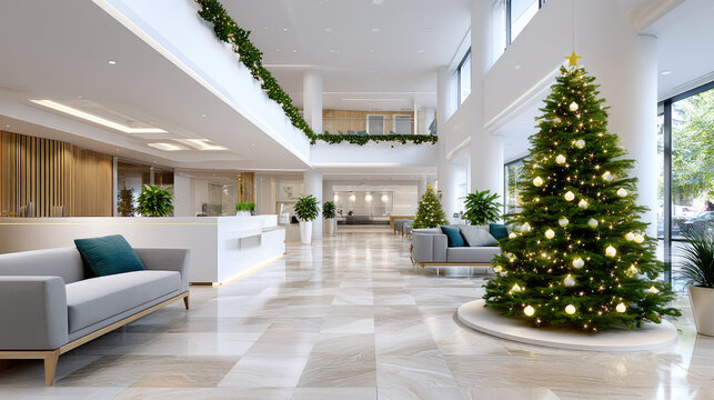 Spacious hospital lobby with a large illuminated christmas tree, white ornaments and garlands creating a modern, welcoming holiday atmosphere for patients and visitors