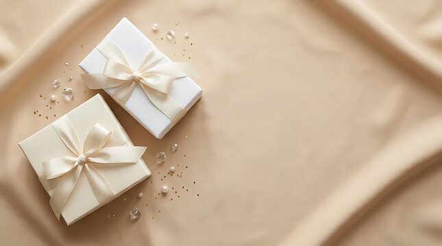 A beautifully presented pair of gift boxes adorned with delicate ribbons and bows suggests celebration thoughtfulness and the joy of giving or receiving a present