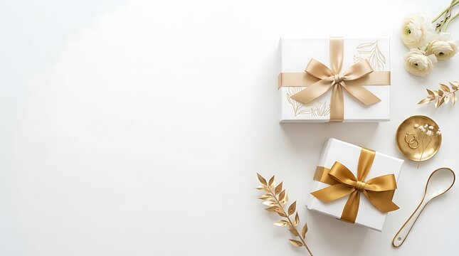 A beautifully arranged flat lay featuring elegantly wrapped gift boxes with golden ribbons accompanied by delicate floral accents and decorative elements creating a festive atmosphere